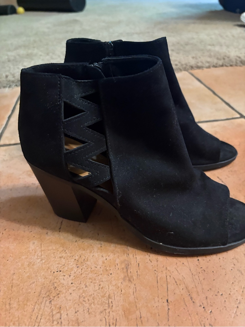 Soda Black Suede Peep-Toe Ankle Booties with Zig-Zag Cutouts